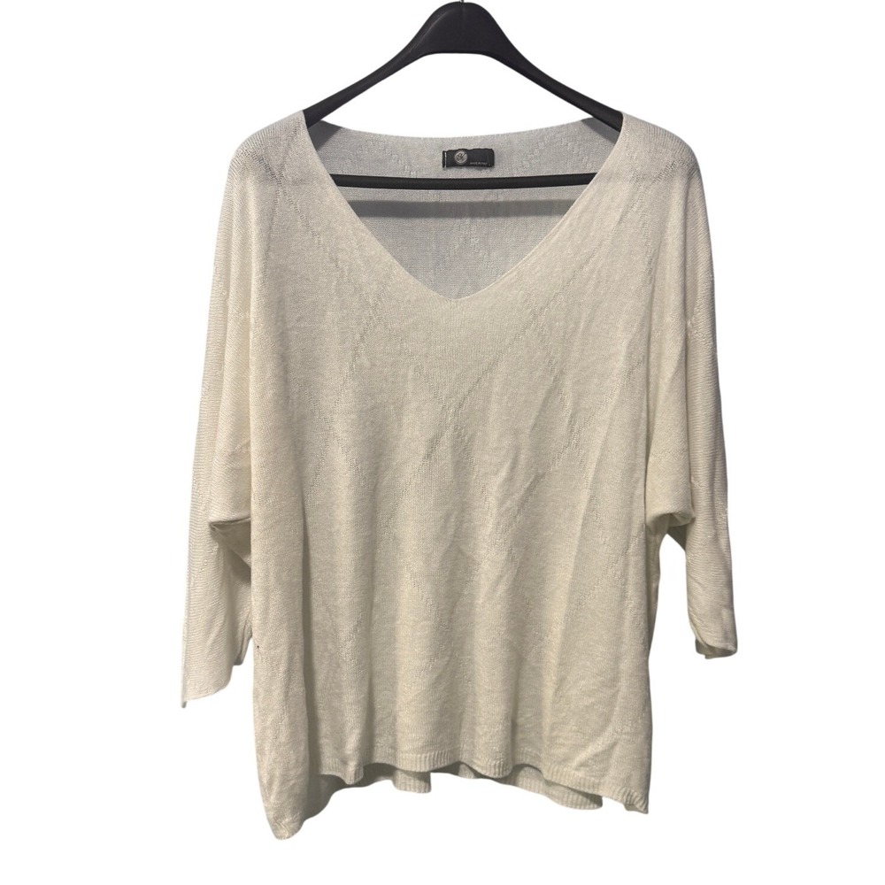 Made‎ in Italy White Diamond Textured V-Neck Knit Sweater Womens L Dolman Sleeve